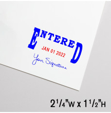 Entered in blue ink on top and the date in red ink below 