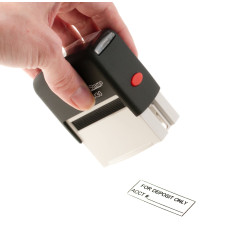 Action shot of someone stamping "FOR DEPOSIT ONLY" Self-Inking Stamp, 1-7/8W x 3/4H