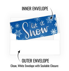 infographic image- Inner decorative envelope "let it snow", outer envelope clean white 