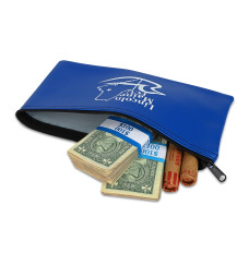 Royal blue 11W x 6H Vinyl Zipper Bag shown in use with money and coin
