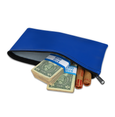 royal blue 14oz Cotton Canvas Zipper Bags shown in use with cash and coin; The cash or coin shown is for illustration purposes only.