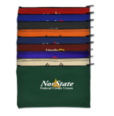 2-Color Imprinted - 14oz Canvas Zipper Bag 12W x 8H - Quick-Ship, shown in a row, red, royal blue, black, orange, navy blue, burgundy, purple, natural, and forest green 