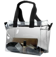 Custom Clear Vinyl Briefcase Style Bag shown in use with personal items in bag, *contents in bag are not included. Dimesions- 10W x 8H x 5D