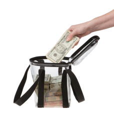 Person putting money and rolled coin in Clear Vinyl Briefcase Style Bag - 10W x 8H x 5D