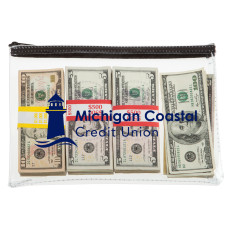 1-Color Imprinted Logo "Michigan coastal credit union" shown in blue  on a  Clear Vinyl Zipper Bag - 12W x 8H - Quick-Ship