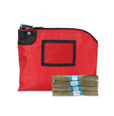 Red Laminated Nylon 10W x 8H Locking Deposit Bag Shown With Money Infront for A Size Comparison 