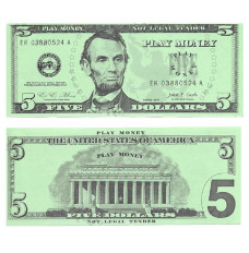 Play Money - Realistic Five Dollar Bills - 100/pk