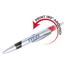 A full 180 degree printing radius on the Custom Imprinted Silver Barrel Baccarat Pen - Black and Red Ink