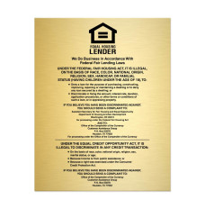 11W x 14H  Equal Housing Lender Wall Sign (National Banks) Shown in Gold with Black Text