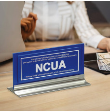 NCUA $250,000 counter sign - blue and silver with white text - In use 