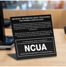 Patriot act with NCUA insignia - Matte black easel style sign - In use 