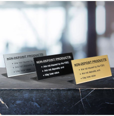 Non-Deposit Products Bend Back Counter Signs sitting on a countertop