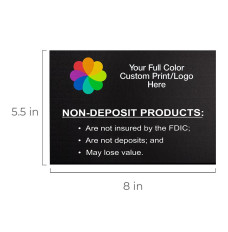 size shown - 8W x 5-1/2H - Full color logo, black background, white text 