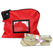 Custom 10W x 8H Locking Deposit Bags with Lock Options Shown in Red with money in front of bag