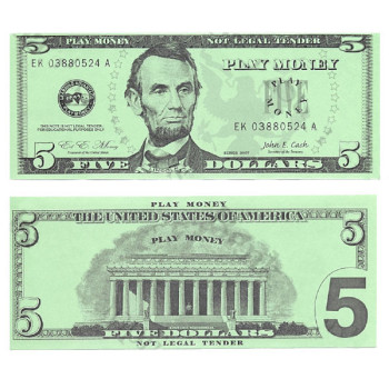 Play Money - Realistic Five Dollar Bills - 100/pk