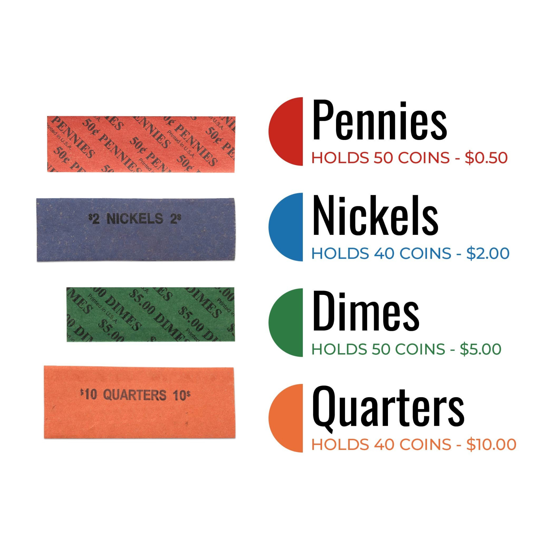 coin rollers, penny coin wrappers, nickel coin wrappers, dime coin wrappers, quarter coin wrappers