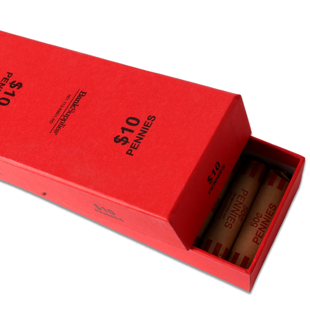 red penny chipboard rolled coin storage box opened in use with rolled coin