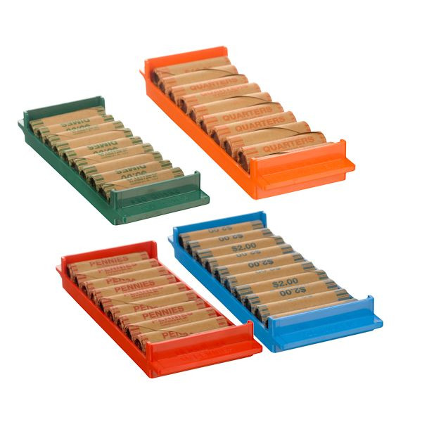 Coin Tray Set - Penny, Nickel, Dime, Quarter in use with rolled coin 