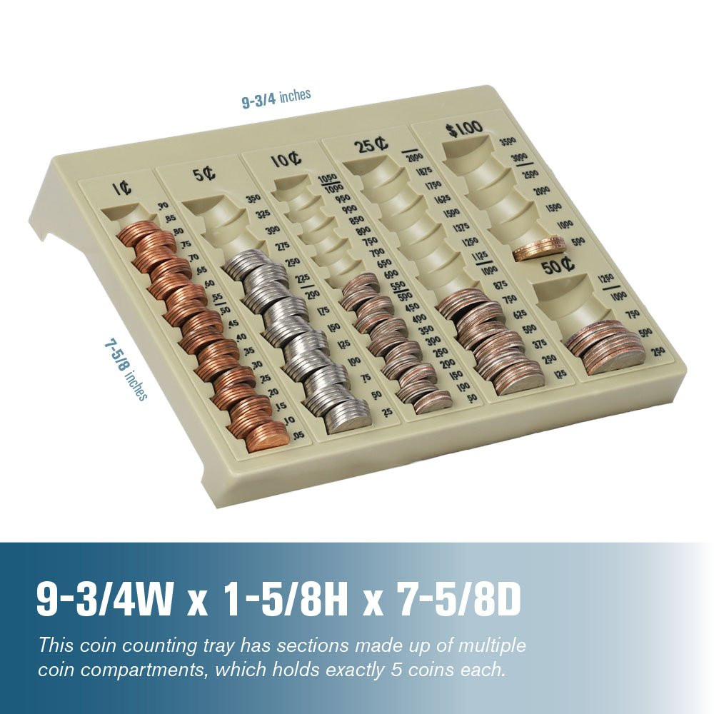 self-counting loose coin tray- gray with coins - Infographic, multiple compartments