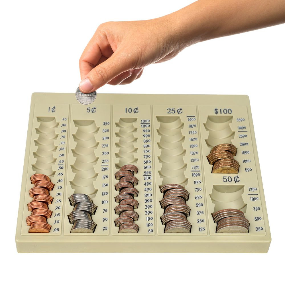 self-counting loose coin tray- gray with coins - In use