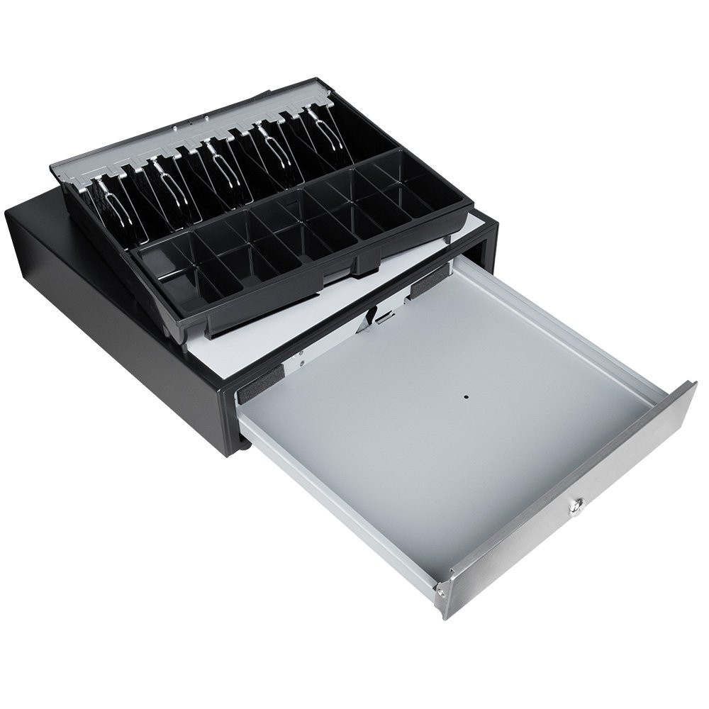 Angled view of STEELMASTER® Manual Cash Drawer with Push to Open Front Drawer with drawer open