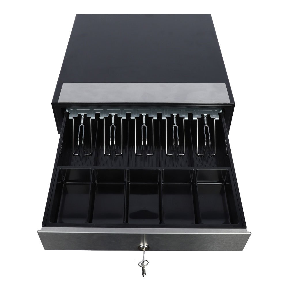 Over top view of STEELMASTER® Manual Cash Drawer open and empty - 5 coin & 5 Bill compartments 