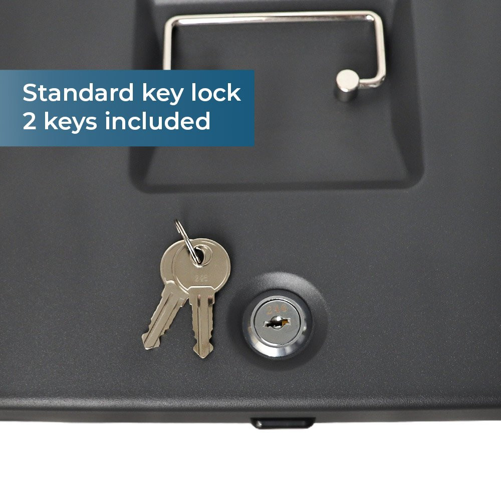 STEELMASTER® Tiered Cantilever Cash Box with Bill Weights and Key Lock - 11-13/16W x 9-7/16D infographic