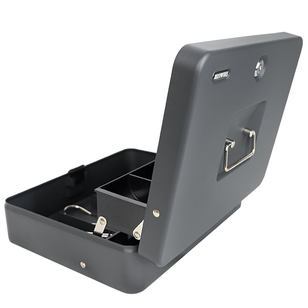 STEELMASTER® Tiered Cantilever Cash Box with Bill Weights and Key Lock - 11-13/16W x 9-7/16D back view open