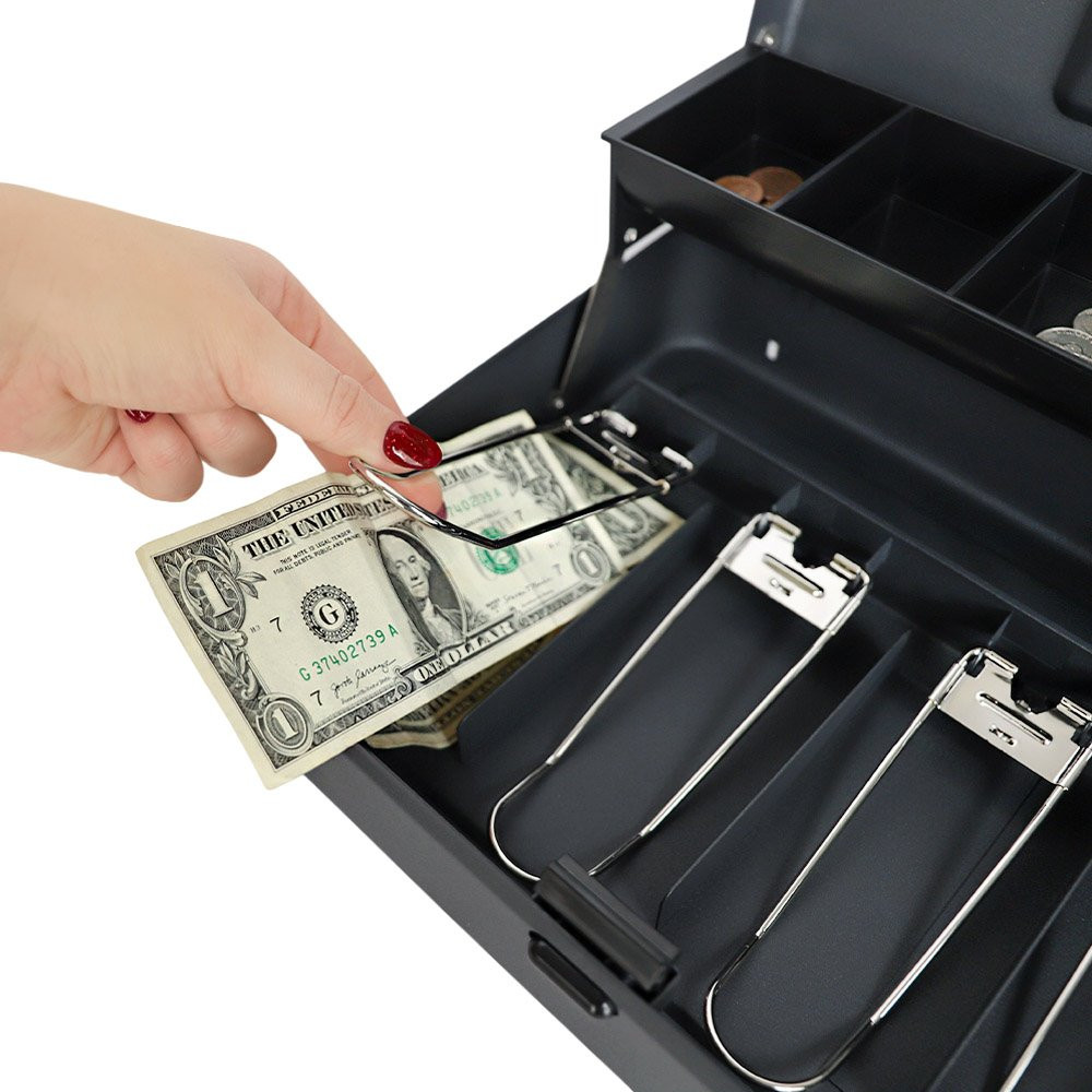 STEELMASTER® Tiered Cantilever Cash Box with Bill Weights and Key Lock - 11-13/16W x 9-7/16D lifestyle
