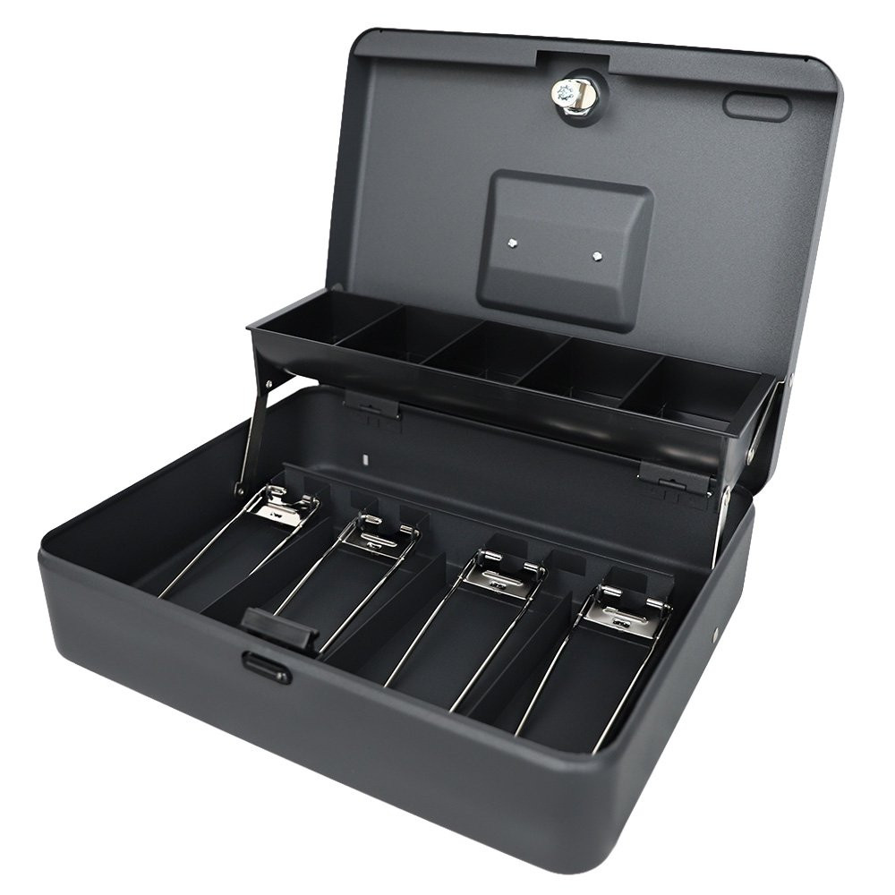 STEELMASTER® Tiered Cantilever Cash Box with Bill Weights and Key Lock - 11-13/16W x 9-7/16D side view angled