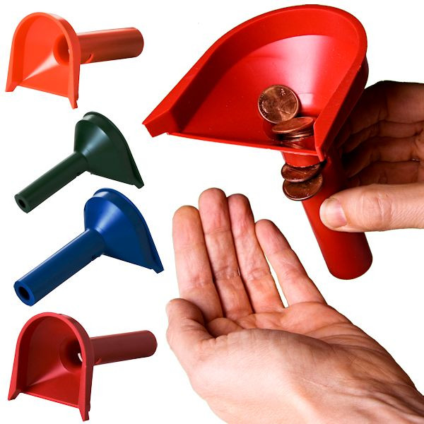 Coin Counting Tubes - 4 tube setshown in use with coin and a person filling the tube