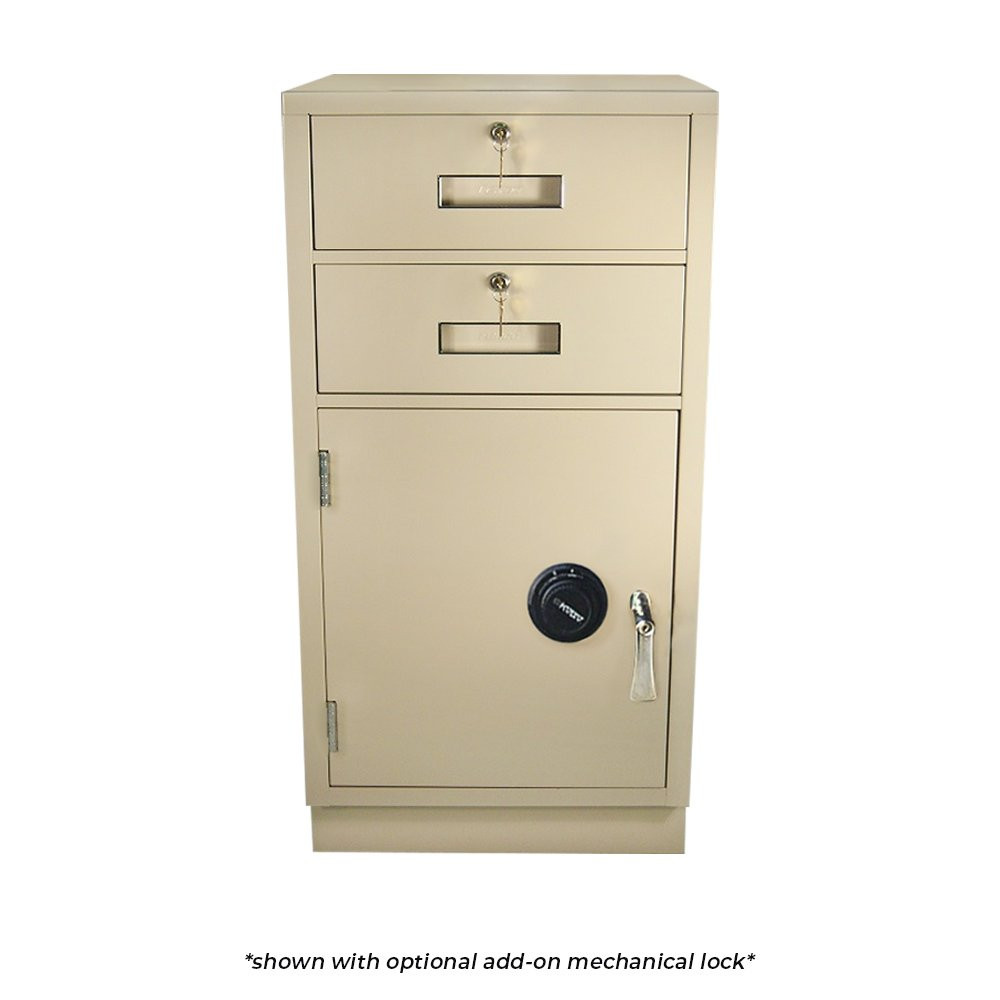 Fenco Teller Pedestal shown with key locking L-handle and mechanical combination