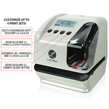 Lathem LT5000 Electronic Time Date & Numbering Stamper functionality graphic: customize up to 4 print sets!