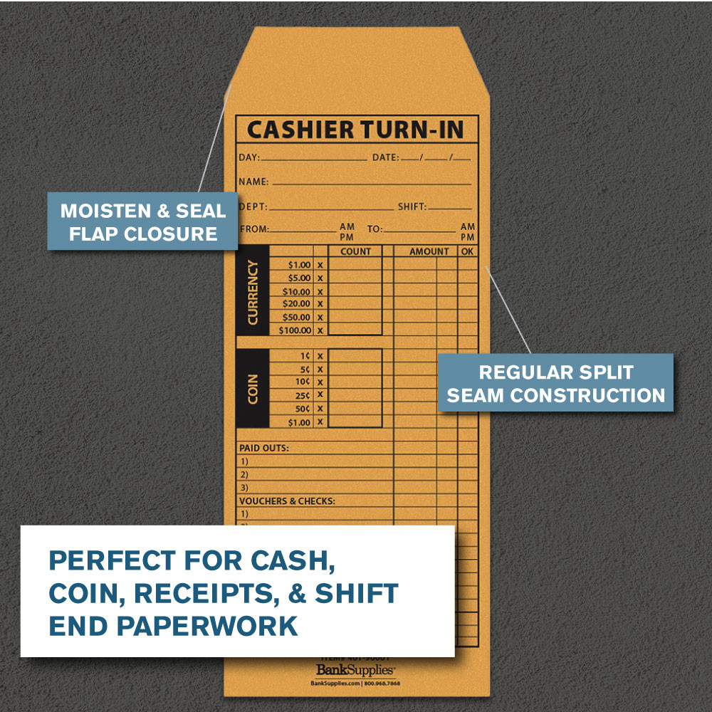 moisten & seal flap closure, regular split seam construction, perfect for cash, coin , receipts, & shift end paperwork, money envelopes  