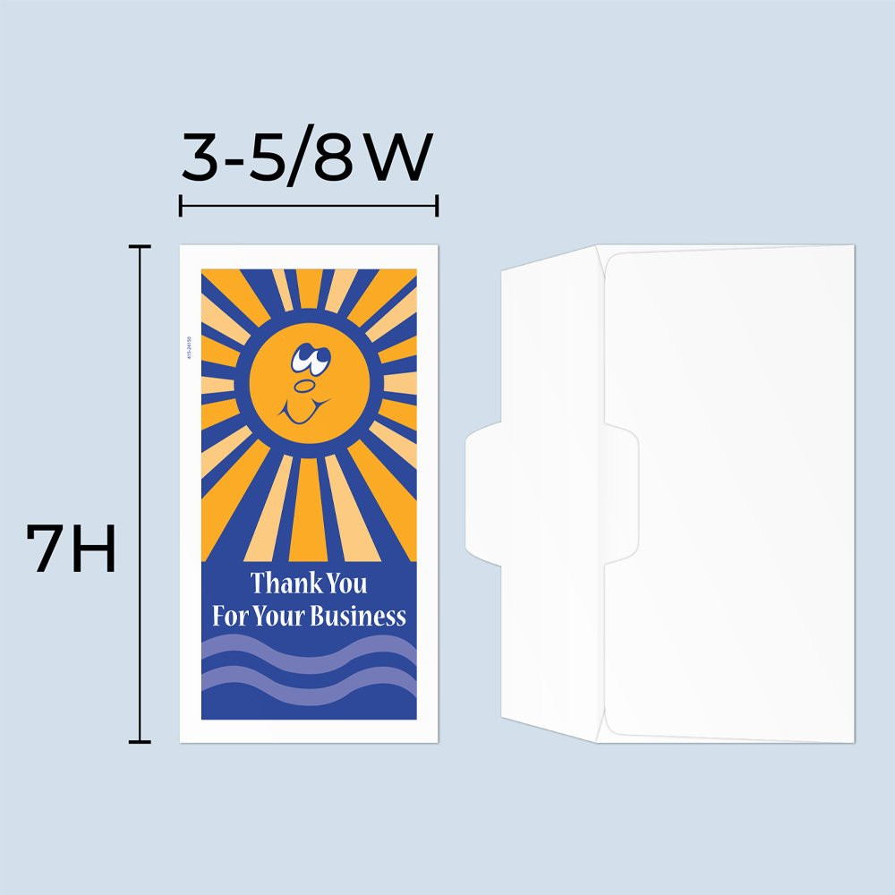 Drive up envelope size chart: 3-5/8 inch wide and 7 inch high; open side cash envelope