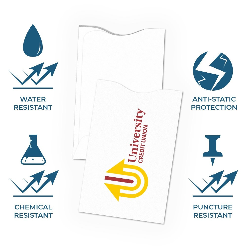 Infographic image for ArmorShield® RFID Card Sleeves; water resistant, chemical resistant, anti-static protection, punchture resistant 