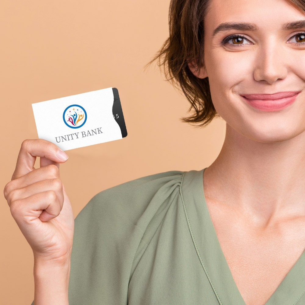 woman holding blank  ArmorShield® RFID Card Sleeves ready for customization 