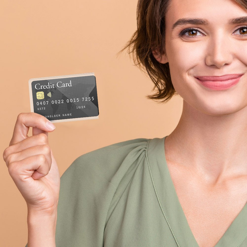 lifestyle image - Lady holding Protective Vinyl Card Sleeve w/ Thumb-Cut Notch * card not included 