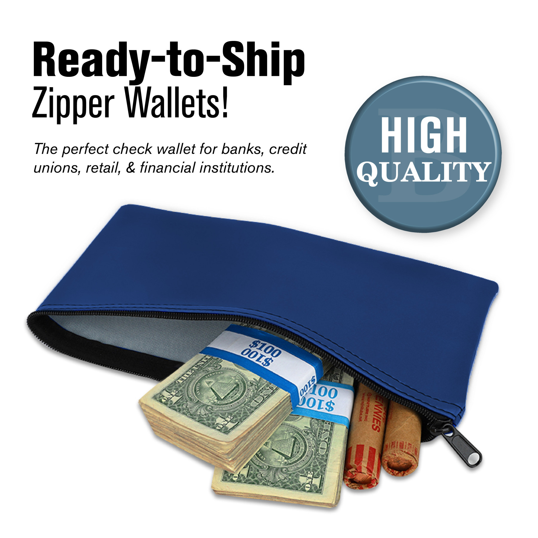 Infographic - ready to ship zipper wallets; the perfect check wallet for banks, credit unions, retail & financial institions; High Quality; Navy Blue pictured 