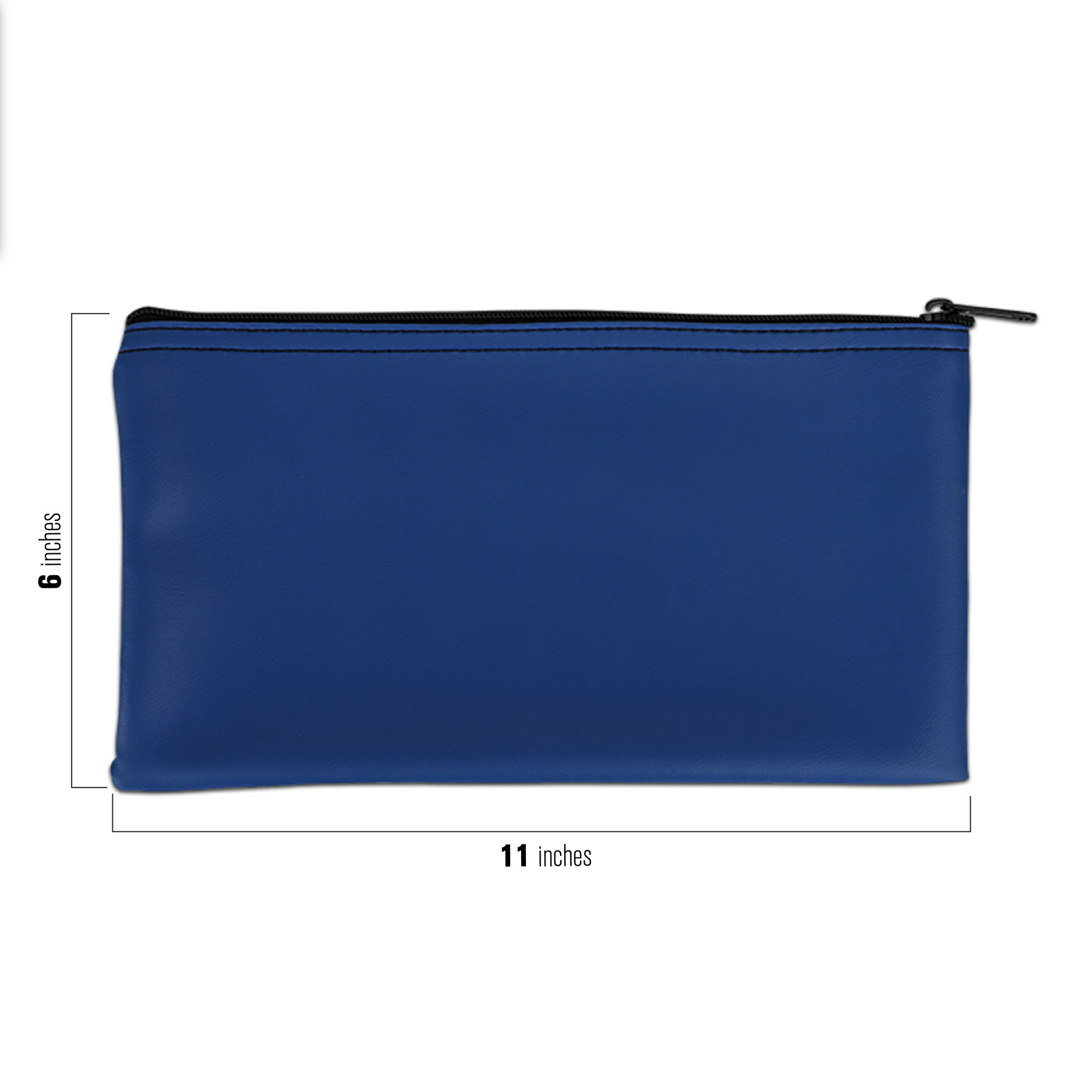 Navy blue Vinyl Zipper Bags 11W x 6H ; infographic showning bag dimensions 