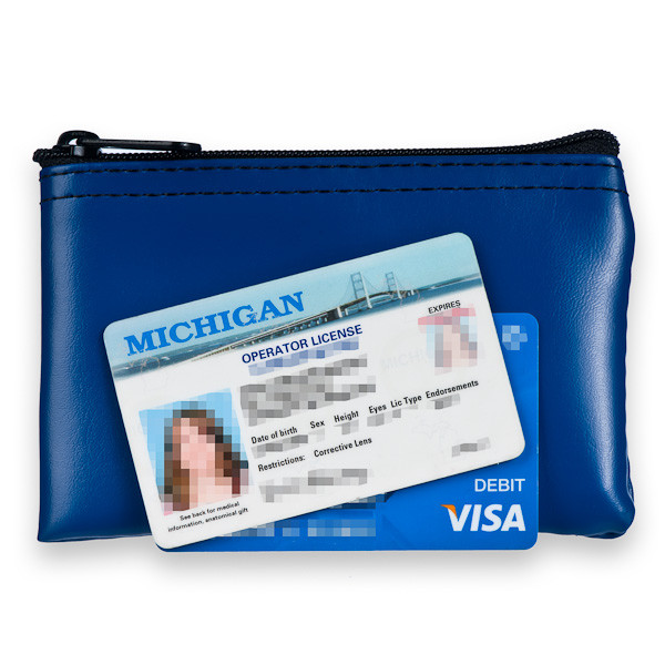 image to show size on blue vinyl zipper wallet with ID and Debit card