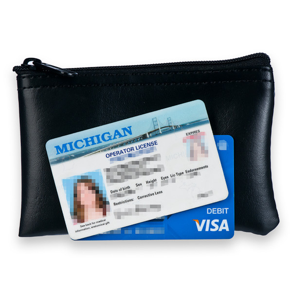 image to show size on black vinyl zipper wallet with ID and Debit card