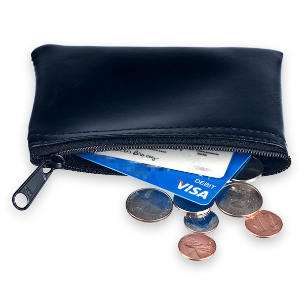 black vinyl mini zipper wallet  showen in use with debit card and coin 