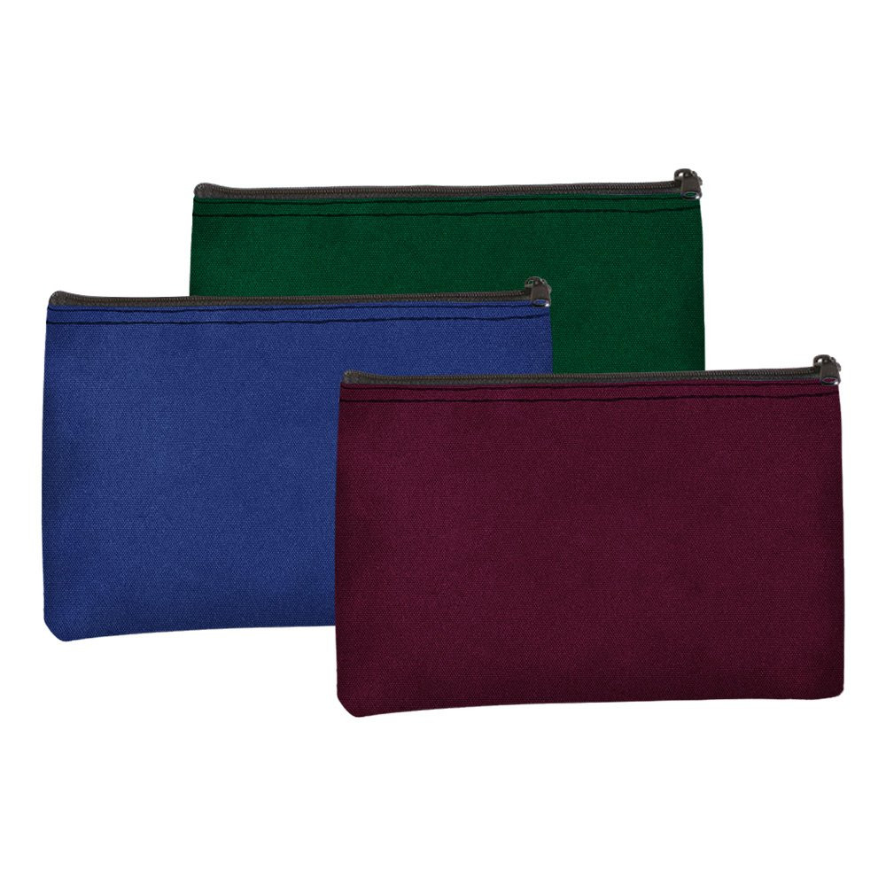 3- 12W x 8H - 14 oz Canvas zipper bags shown in forest green, royal blue and burgundy 
