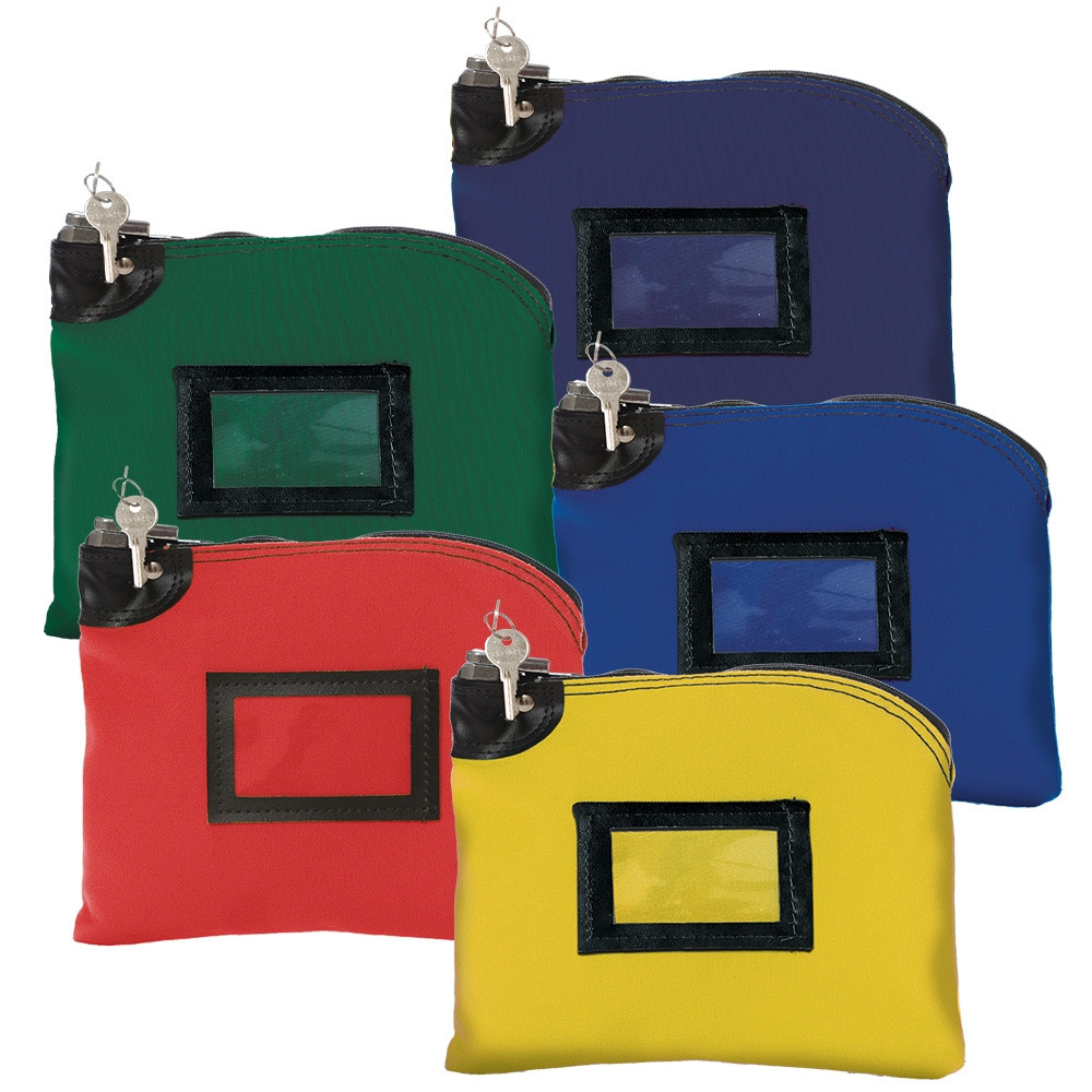 (5) 14oz Cotton Canvas Locking Deposit Bags shown laid out – yellow, red, royal blue, forest green, navy blue. 