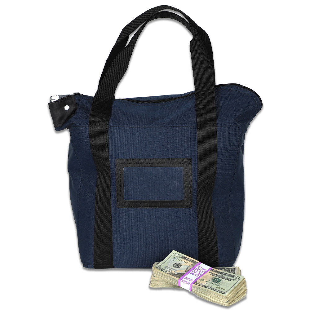 17W x 14H x 6D Locking Courier Briefcase Bags w/ Handles - Ready-To-Ship - Navy Blue - with stack of money