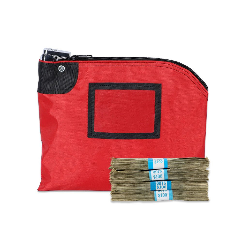 Red Laminated Nylon 10W x 8H Locking Deposit Bag Shown With Money Infront for A Size Comparison 