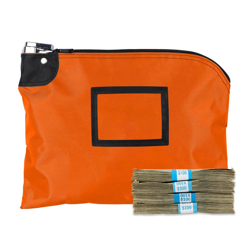 12W x 9H Laminated Nylon Locking Deposit Bag Shown In Orange and With Money In Front of Bag for Size Comparrison 