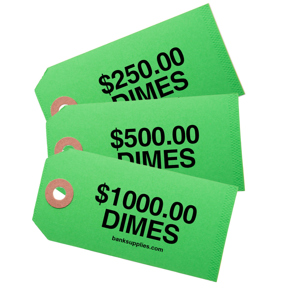 Printed Coin Bag ID Tags Shown In Green - Dimes