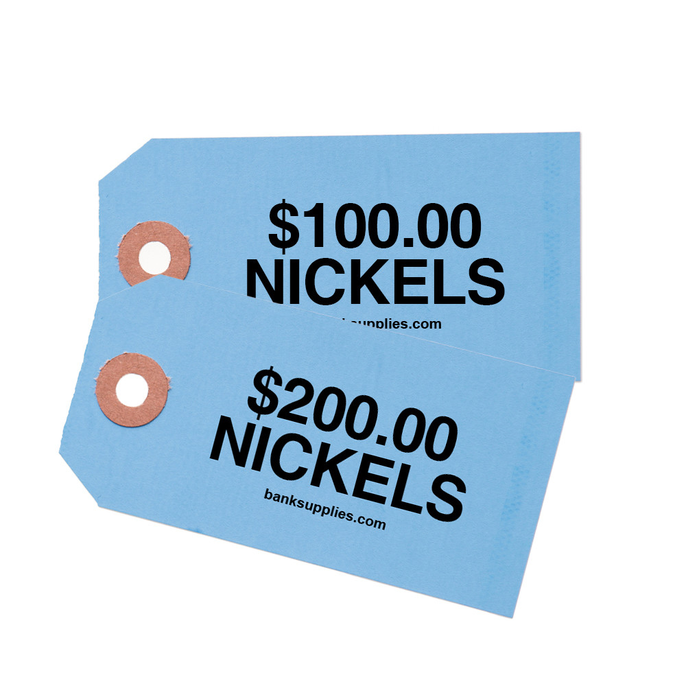 Printed Coin Bag ID Tags Shown In Blue - Nickle